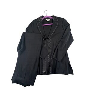 Exclusively Misook Black Knit Pant Suit Set Rhinestone Zip Jacket Pants Small
